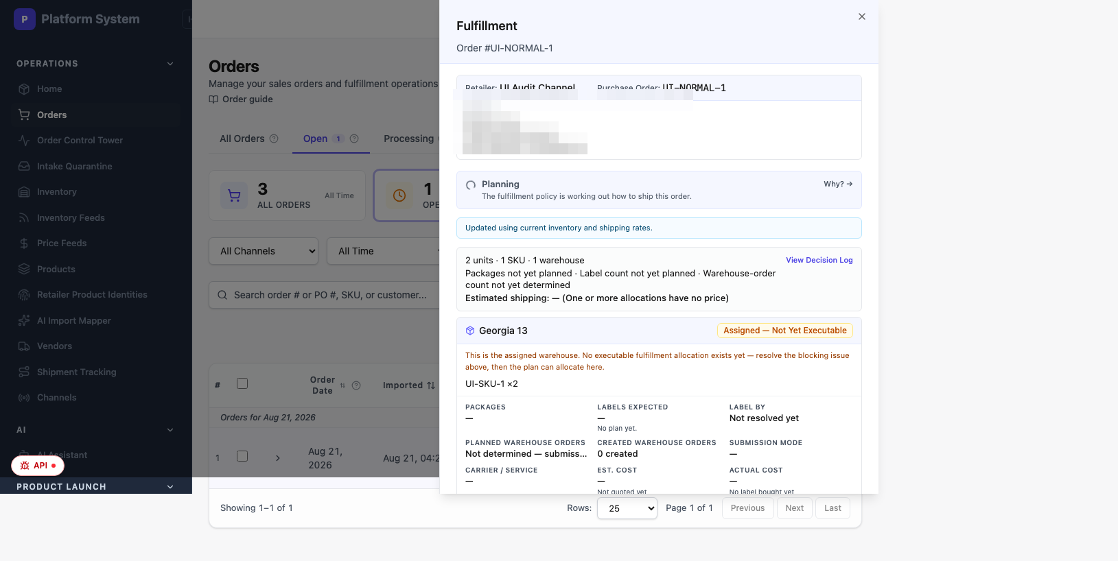 The mPorts OMS fulfillment panel over the orders list: planning status with a “Why?” link, units and SKU count, the assigned warehouse marked not yet executable, and packages, labels, carrier and cost fields.