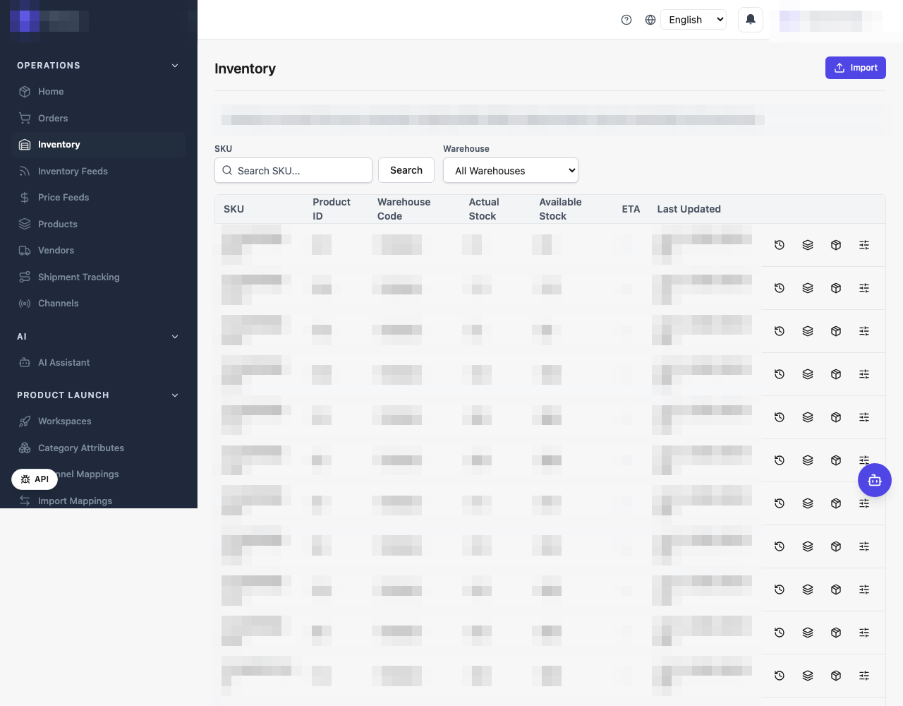 The mPorts OMS Inventory screen: a table of SKUs with warehouse code, actual stock, available stock and last-updated time.