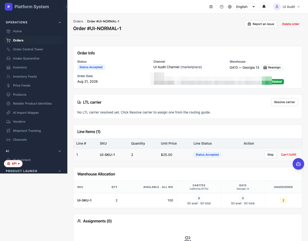 An order detail in mPorts OMS: order info with status, channel, order date and warehouse; an LTL carrier section; line items with status; and a warehouse allocation table showing available units per location.