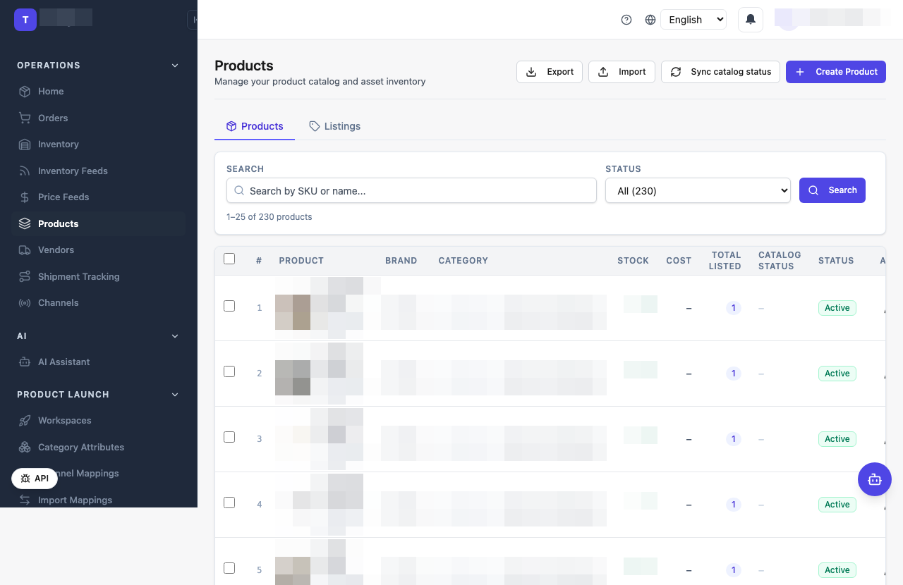 The mPorts OMS Products screen: a searchable product list with brand, category, stock, cost, listings count, catalog status and status columns, plus Export, Import, Sync catalog status and Create Product actions.