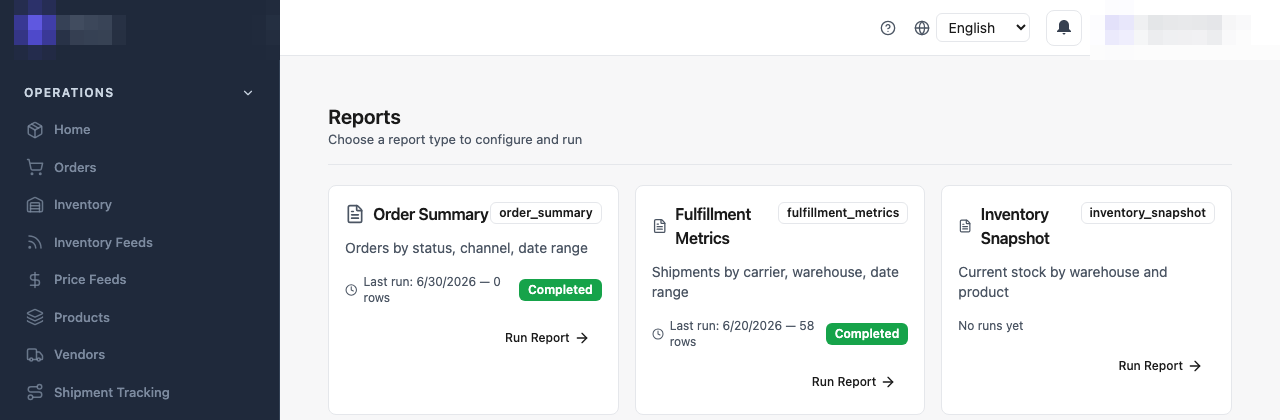 The mPorts OMS Reports screen showing three report cards: Order Summary, Fulfillment Metrics and Inventory Snapshot, each with a description, last-run status and a Run Report link.