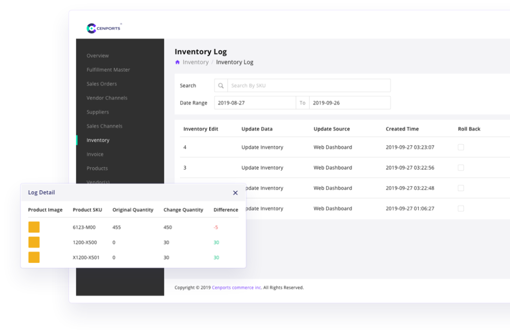 显示具有企业级监控和库存变动记录的库存管理的屏幕截图。