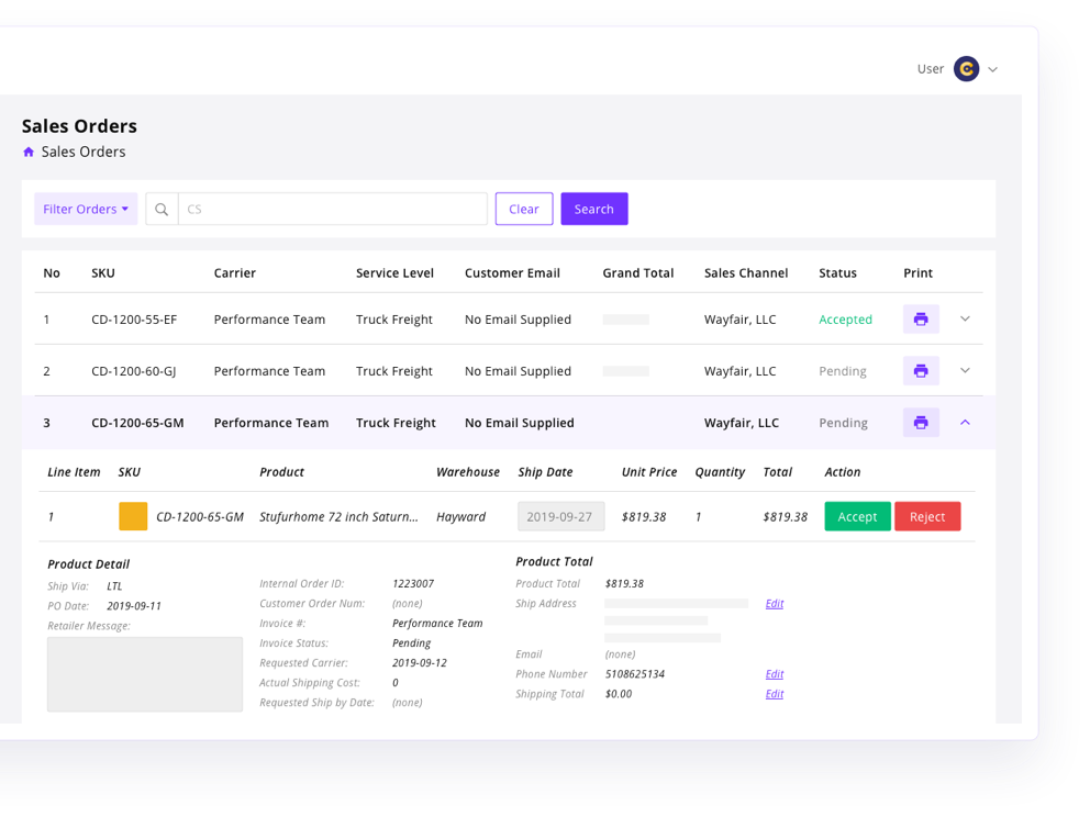 屏幕截图显示订单从 Wayfair 同步，并带有单按钮打印标签，用于生成运输标签并跟踪更新回 Wayfair。